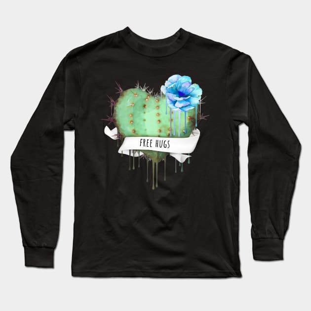 Cactus heart watercolor blue flower free hugs Long Sleeve T-Shirt by Collagedream